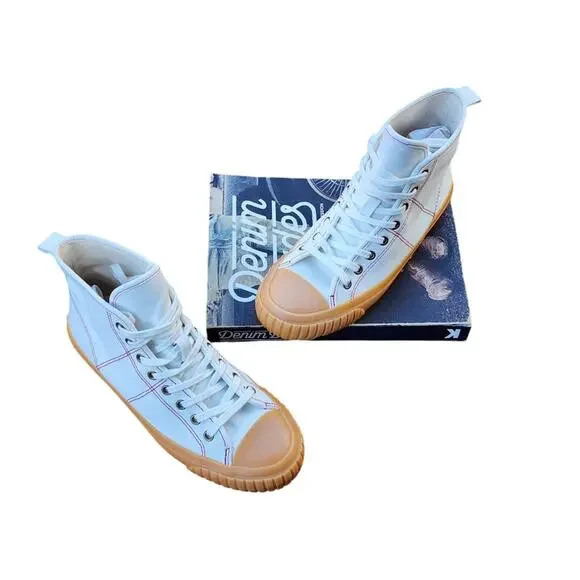 J.Crew Canvas High-Top Sneakers Ivory Gum Sole Red Stitching Sz 6 - Picture 5 of 10